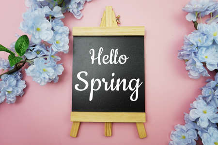 Hello Spring text on wooden blackboard and flower decoration on pink backgroundの写真素材