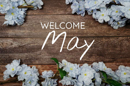 Welcome May text and blue flower decoration on wooden backgroundの写真素材