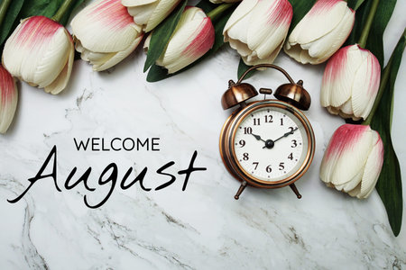 Welcome August text with alarm clock and tulip flower decoration on marble background
