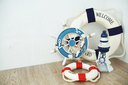 Lifebuoy Summer  Interior decoration with space copy on wooden backgroundの写真素材