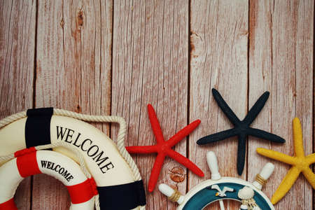 Marine Items nautical Decoration with space copy on wooden backgroundの写真素材