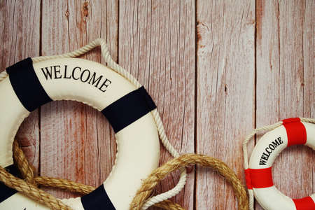 Marine Items nautical Decoration with space copy on wooden backgroundの写真素材