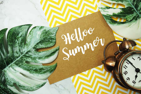 Hello Summer typography text on paper card with alarm clock and Monstera leaveの写真素材