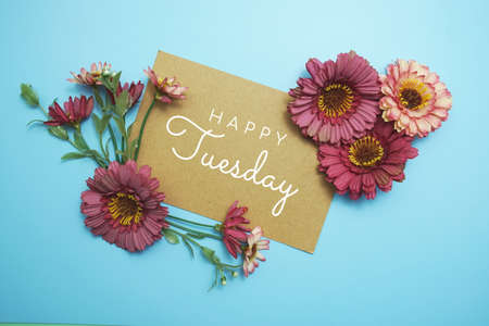 Happy Tuesday card typography text with flower bouquet on blue backgroundの写真素材