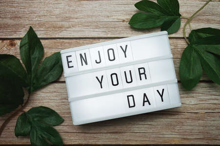 Enjoy Your Day text on lightbox on wooden backgroundの写真素材