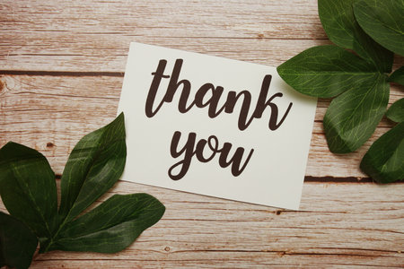 Thank You typography text with green leave decorated on wooden backgroundの写真素材