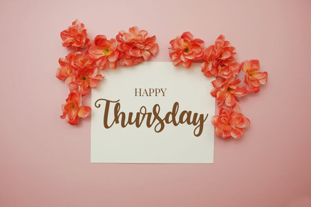Happy Thursday card typography text with flower bouquet on pink background