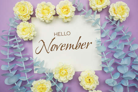 Hello November typography text and flower decorate on purple backgroundの写真素材