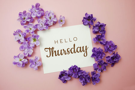 Hello Thursday card typography text with flower bouquet on pink background