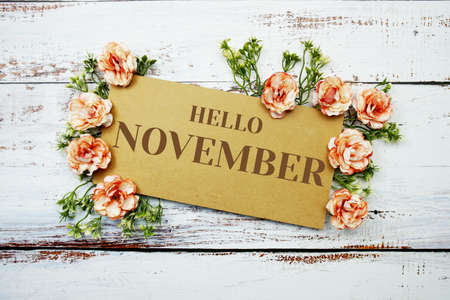 Hello November typography text decorate with flower on wooden backgroundの写真素材