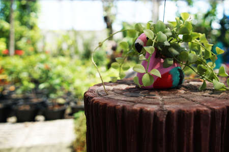 Alarm clock and house model on table with natural green backgroundの写真素材
