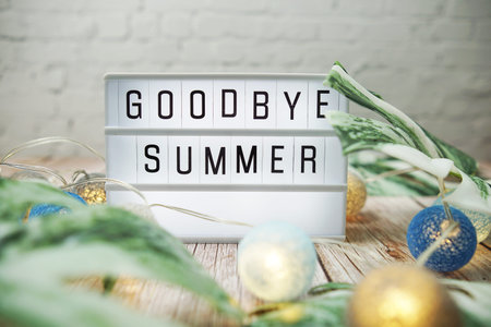 Goodbye Summer word in lightbox and LED cotton balls decoration on wooden background