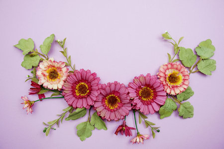 Flower bouquet with space copy on purple backgroundの写真素材