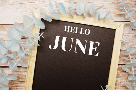 Hello June typography text on blackboard backgroundの写真素材