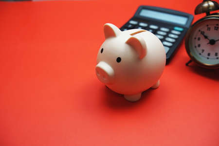 Piggy bank with business stuff, business and finance concept on pink backgroundの写真素材