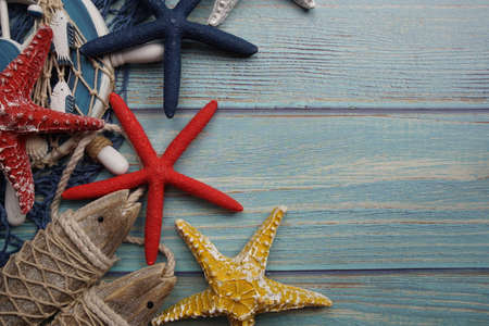 Marine Items nautical Decoration with space copy on wooden backgroundの写真素材