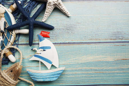 Marine Items nautical Decoration with space copy on wooden backgroundの写真素材