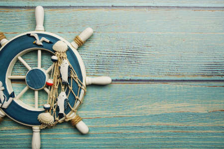 Marine Items nautical Decoration with space copy on wooden backgroundの写真素材