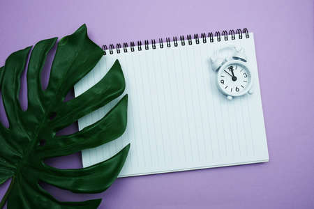 Mockup of Empty notebook page for copy with Monstera leaves on purple backgroundの写真素材