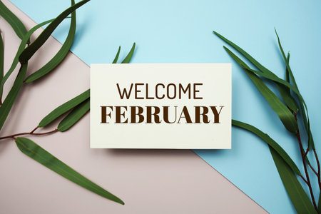 Welcome February text message with green leave on blue and pink backgroundの写真素材