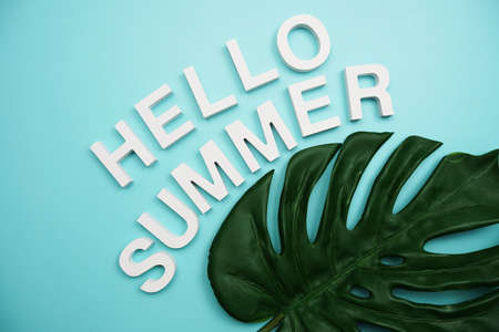 Hello Summer alphabet letters with monstera leaves on blue backgroundの写真素材