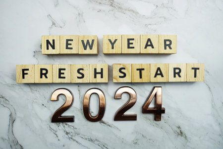 New Year Fresh Start 2024 text on marble backgroundの写真素材