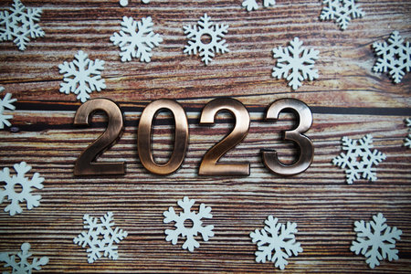 Happy new year 2023 holidays celebration with christmas decorations background