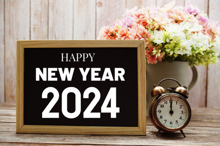 Happy New Year 2024 typography text on blackboard with alarm clock and flower in watering vaseの写真素材