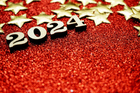 Happy New year 2024 with space copy on red glitter backgroundの写真素材