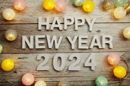 Happy New Year 2024 alphabet letters on wooden backgroundの写真素材
