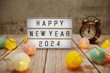 Happy New Year 2024 text on lightbox on wooden backgroundの写真素材