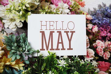 Hello May text message on paper card with beautiful flowers decorationの写真素材