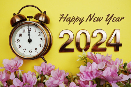 Happy New Year 2024 text with alarmclock and flower decoration on yellow backgroundの写真素材
