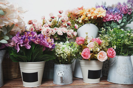 Beautiful Artificial flowers bouquet with space copy backgroundの写真素材