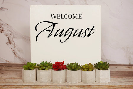 Welcome August written on wooden board with artificial plant on wooden backgroundの写真素材