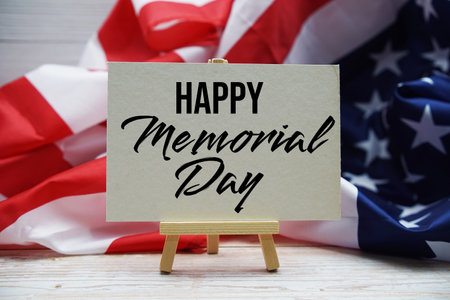 Happy Memorial Day text messege  with USA flag on wooden backgroundの写真素材