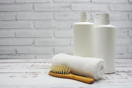 Clean towels, Shampoo, Liquid Soap with Other Toiletry and interior accessories with copy space
