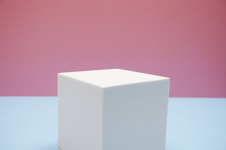 Podium display scene stage showcase front view with copy space on pink and blue backgroundの写真素材