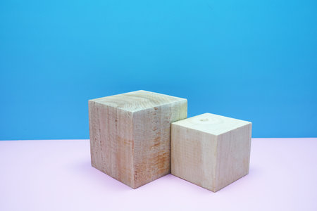 Podium display scene stage showcase front view with copy space on pink and blue backgroundの写真素材