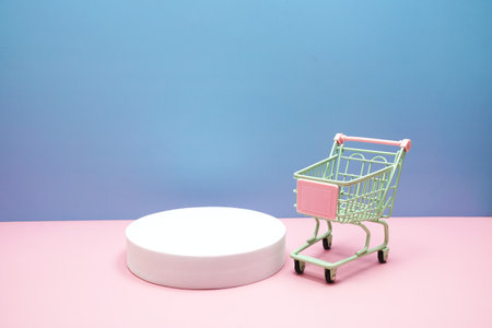 Podium display scene stage showcase front view with copy space on pink and blue backgroundの写真素材