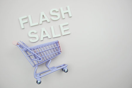 Flash sale alphabet letters andn trolley shopping cart on pink background