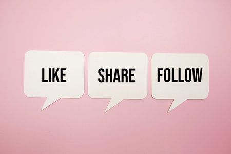 Like Share Follow text message with Speech bubble, Social media marketing concept background