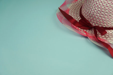 Summer holiday concept background with summer accessories on blue backgroundの写真素材