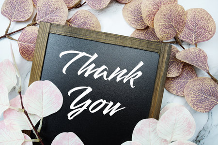 Thank You text message and eucalyptus leaves decoration on marble backgroundの写真素材