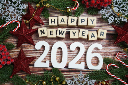 Happy new year 2026 holidays celebration with christmas decorations backgroundの写真素材