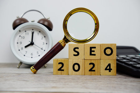 SEO 2024 with wooden blocks alphabet letters and Magnifying glass on wooden background