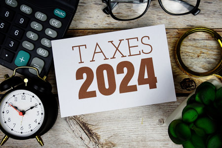 Taxes 2024 text with alarm clock, calculator and magnifying glass on wooden backgroundの写真素材