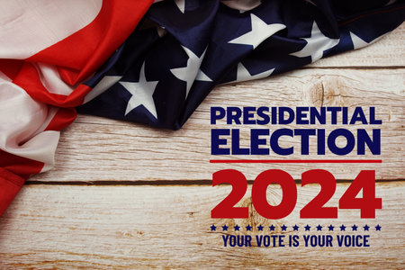 Vote 2024, Presidential Election with USA American flag on wooden backgroundの写真素材