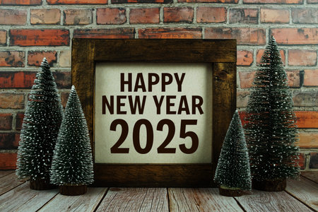 Happy New Year 2025 with Christmas tree and pine cone decoration on old brick wall and wooden...