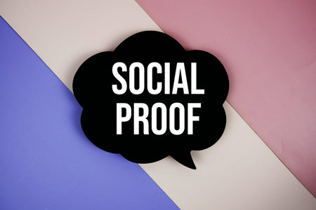 Social Proof text on speech bubble top view on purple geometric background
